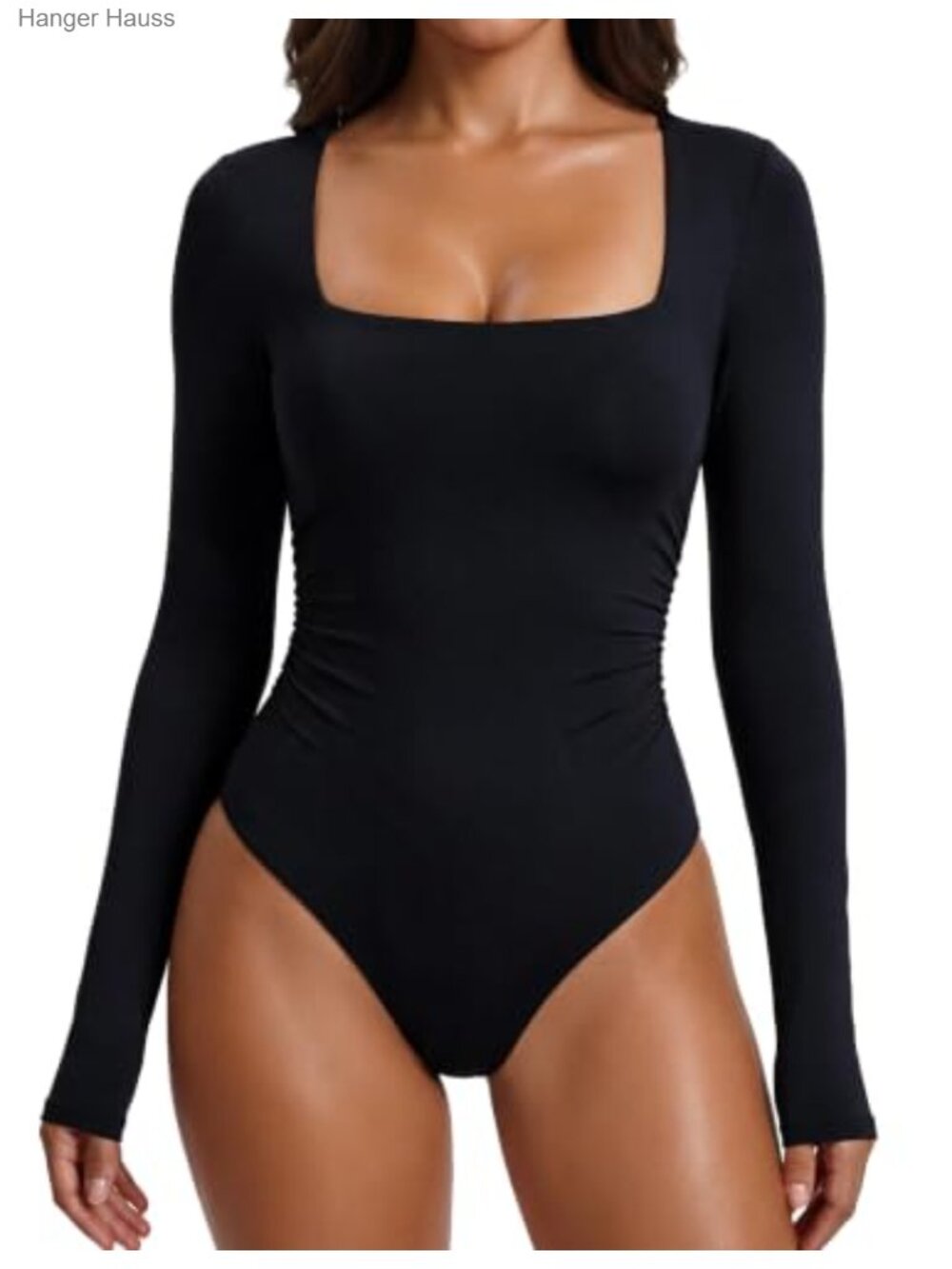 Long Sleeve Square Neck Bodysuit Snap Closure Ruched Waist Nylon Spandex